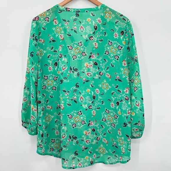 Mint Green Sheer Peasant Blouse with Open Crochet Work Womens Large Red Camel - Picture 7 of 7